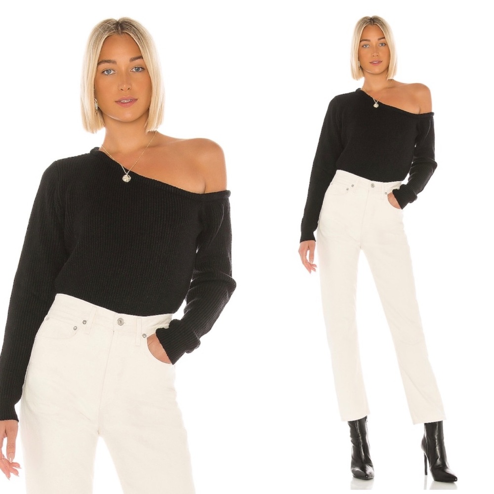 Revolve Black One Shoulder Cropped Sweater